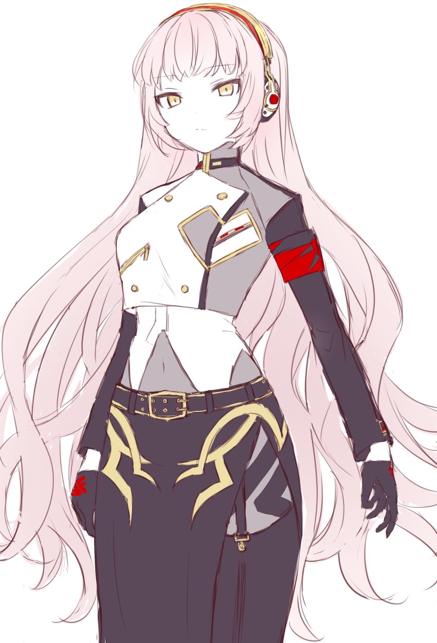 1girl, agitation_(module), armband, belt, black_gloves, black_skirt, black_sleeves, commentary