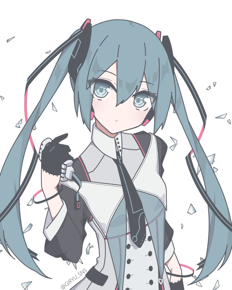 1girl, aqua_eyes, aqua_hair, bad_id, bad_twitter_id, black_gloves, black_necktie, bracelet