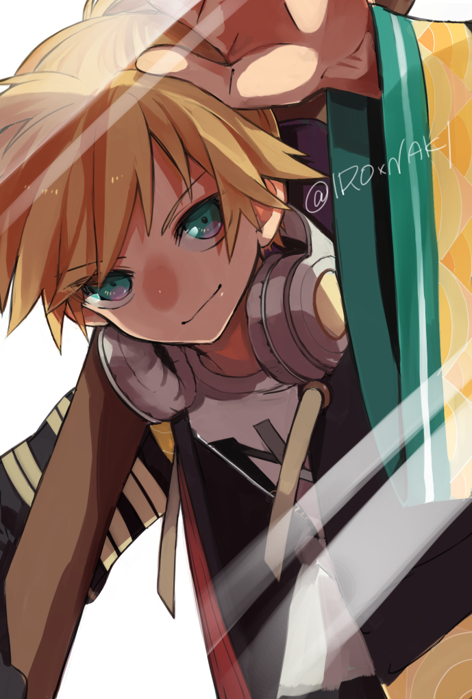 1boy, aqua_eyes, arm_up, black_jacket, blonde_hair, commentary, headphones, headphones_around_neck, ironaki, jacket, kagamine_len, looking_at_viewer, male_focus, ponytail, short_ponytail, smile, smug, solo, spiked_hair, twitter_username, vocaloid, wide_sleeves