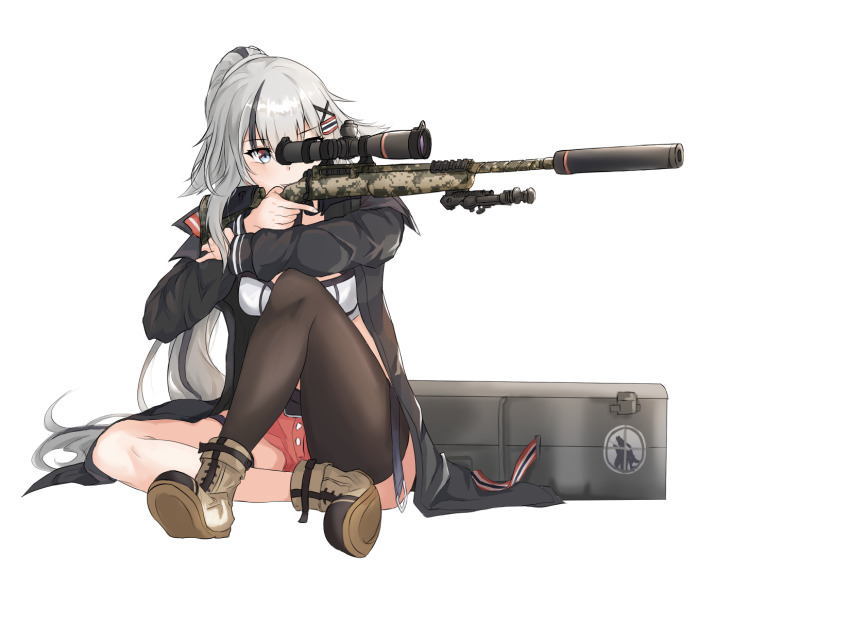 1girl, aiming, asymmetrical_legwear, bipod, blue_eyes, boots, c14_(girls'_frontline), c14_timberwolf
