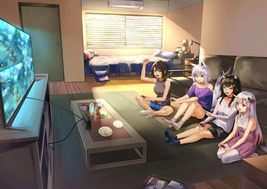 4girls, absurdres, animal_ears, arm_up, bare_arms, bed, black_hair, black_shorts