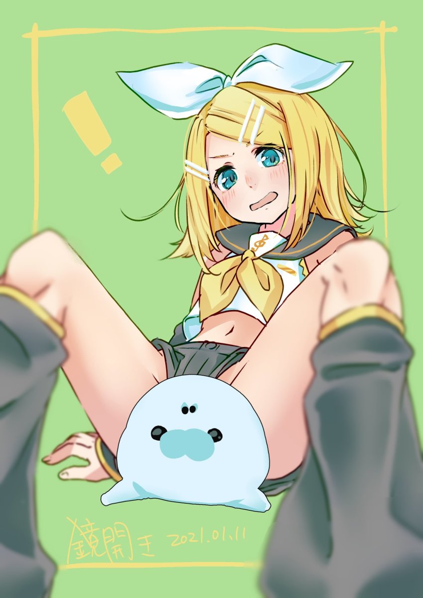 !, 1girl, arm_warmers, bare_shoulders, blonde_hair, blue_eyes, blurry, blurry_foreground, blush, bow, collar, commentary, convenient_censoring, crop_top, depth_of_field, frown, green_background, grey_collar, grey_legwear, grey_shorts, grey_sleeves, hair_bow, hair_ornament, hairclip, hekopon, highres, kagamine_rin, knees_up, leg_warmers, micro_shorts, midriff, navel, neckerchief, no_panties, open_mouth, sailor_collar, school_uniform, shirt, short_hair, shorts, sitting, sketch, sleeveless, sleeveless_shirt, swept_bangs, treble_clef, v-shaped_eyebrows, vocaloid, white_bow, white_shirt, yellow_neckerchief