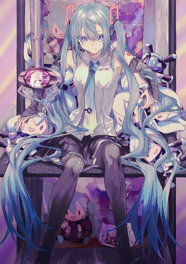 1girl, aqua_hair, aqua_nails, aqua_necktie, bare_shoulders, black_skirt, black_sleeves, black_thighhighs