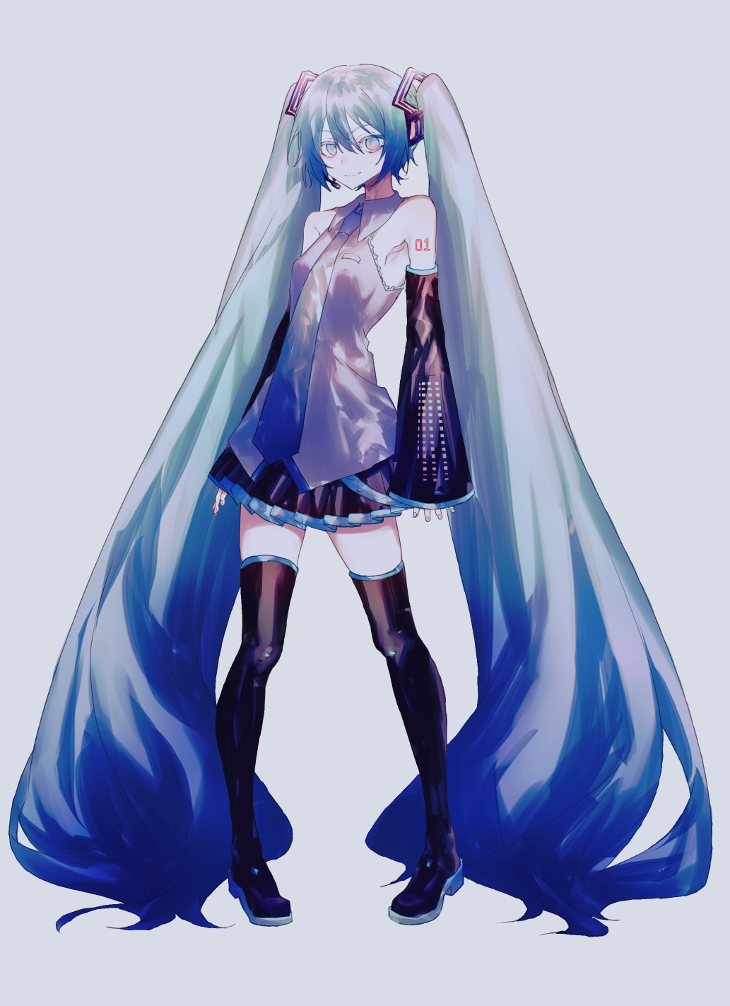 1girl, absurdly_long_hair, aqua_eyes, aqua_hair, aqua_nails, aqua_necktie, bare_shoulders, black_skirt, black_sleeves, black_thighhighs, boots, chinese_commentary, commentary, detached_sleeves, grey_background, grey_shirt, hair_ornament, hatsune_miku, headphones, headset, highres, huaji_niang, long_hair, looking_at_viewer, miniskirt, nail_polish, necktie, pigeon-toed, pleated_skirt, shirt, shoulder_tattoo, skirt, sleeveless, sleeveless_shirt, smile, solo, tattoo, thigh_boots, thighhighs, twintails, very_long_hair, vocaloid, vocaloid_boxart_pose, zettai_ryouiki