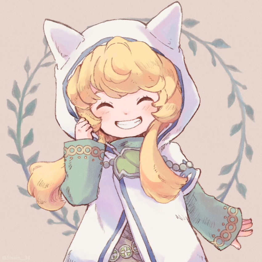 1girl, ^_^, animal_ears, animal_hood, bad_id, bad_pixiv_id, blonde_hair, blush, brown_background, cat_ears, cat_hood, charlotte_(seiken_densetsu_3), closed_eyes, coat, commentary_request, facing_viewer, fake_animal_ears, grin, hand_up, happy, hood, hood_up, hooded_coat, layered_sleeves, long_hair, long_sleeves, saya_(lelulinna), seiken_densetsu, seiken_densetsu_3, short_over_long_sleeves, short_sleeves, smile, solo, teeth, upper_body, white_coat