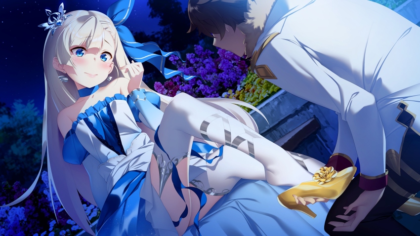 1boy, 1girl, asymmetrical_bangs, blue_neckwear, blush, choker, cinderella_(girls_book_maker), detached_sleeves, dress, dutch_angle, garter_straps, girls_book_maker, girls_book_maker_~grimm_to_sannin_no_ohime-sama~, gold_footwear, head_tilt, high_heels, highres, long_hair, mtu_(orewamuzituda), night, official_art, outdoors, platinum_blonde_hair, pumps, strapless, strapless_dress, thighhighs, tiara, white_thighhighs, wing_ears