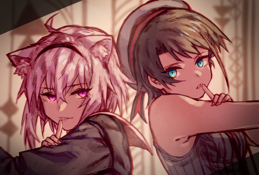 2girls, ahoge, animal_ears, back-to-back, beret, black_hair, blue_eyes, cat_ears