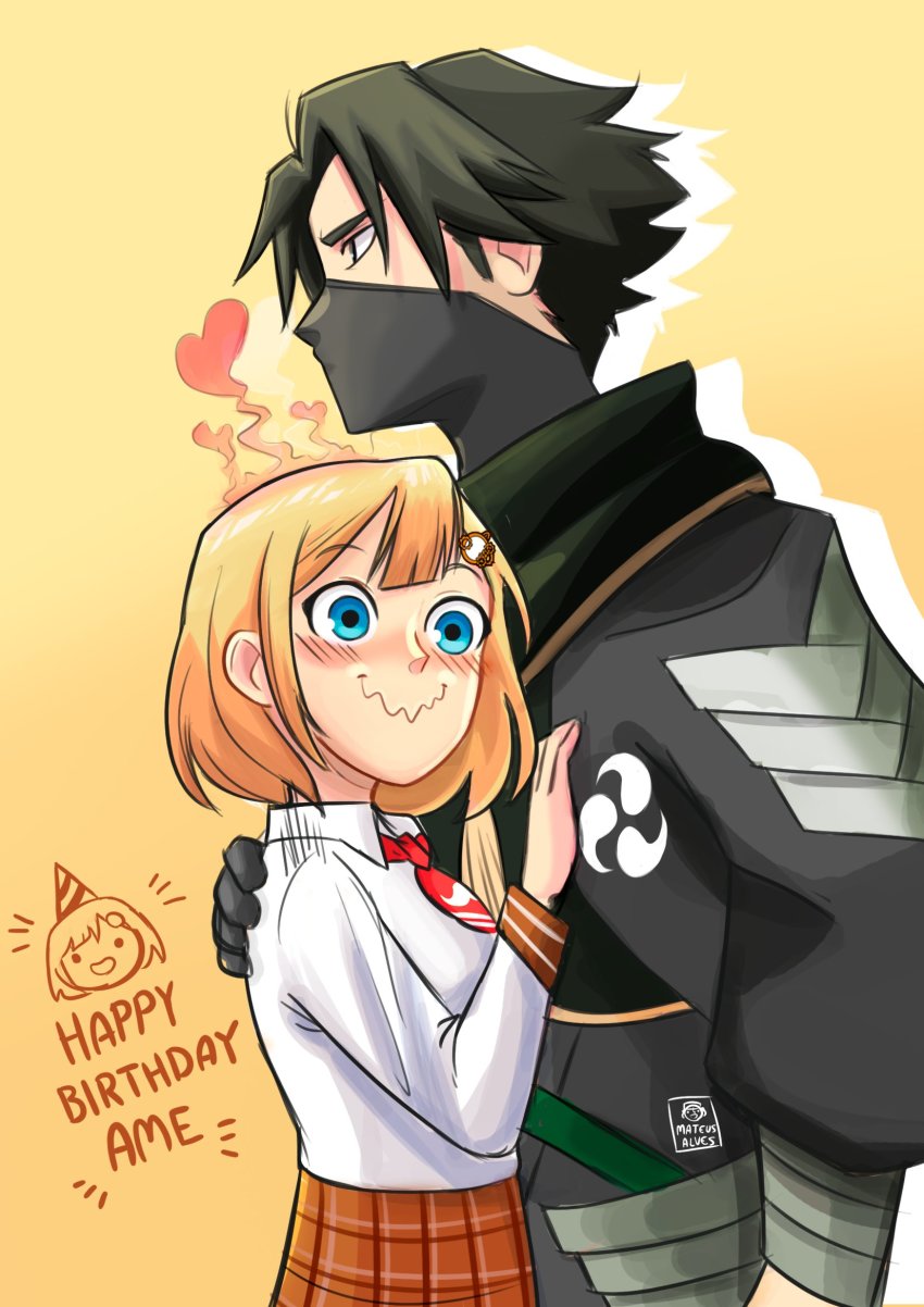 1boy, 1girl, black_eyes, black_hair, blue_eyes, blush, collared_shirt, commentary, english_commentary, from_side, hand_on_another's_chest, happy_birthday, hattori_hanzo_(nightshade), heart, highres, hololive, hololive_english, hug, mask, mat_(matdesenheiro), mouth_mask, necktie, nightshade_(visual_novel), plaid_clothes, plaid_skirt, red_neckwear, shirt, short_necktie, skirt, smile, virtual_youtuber, watson_amelia, wavy_mouth, white_shirt, yellow_background