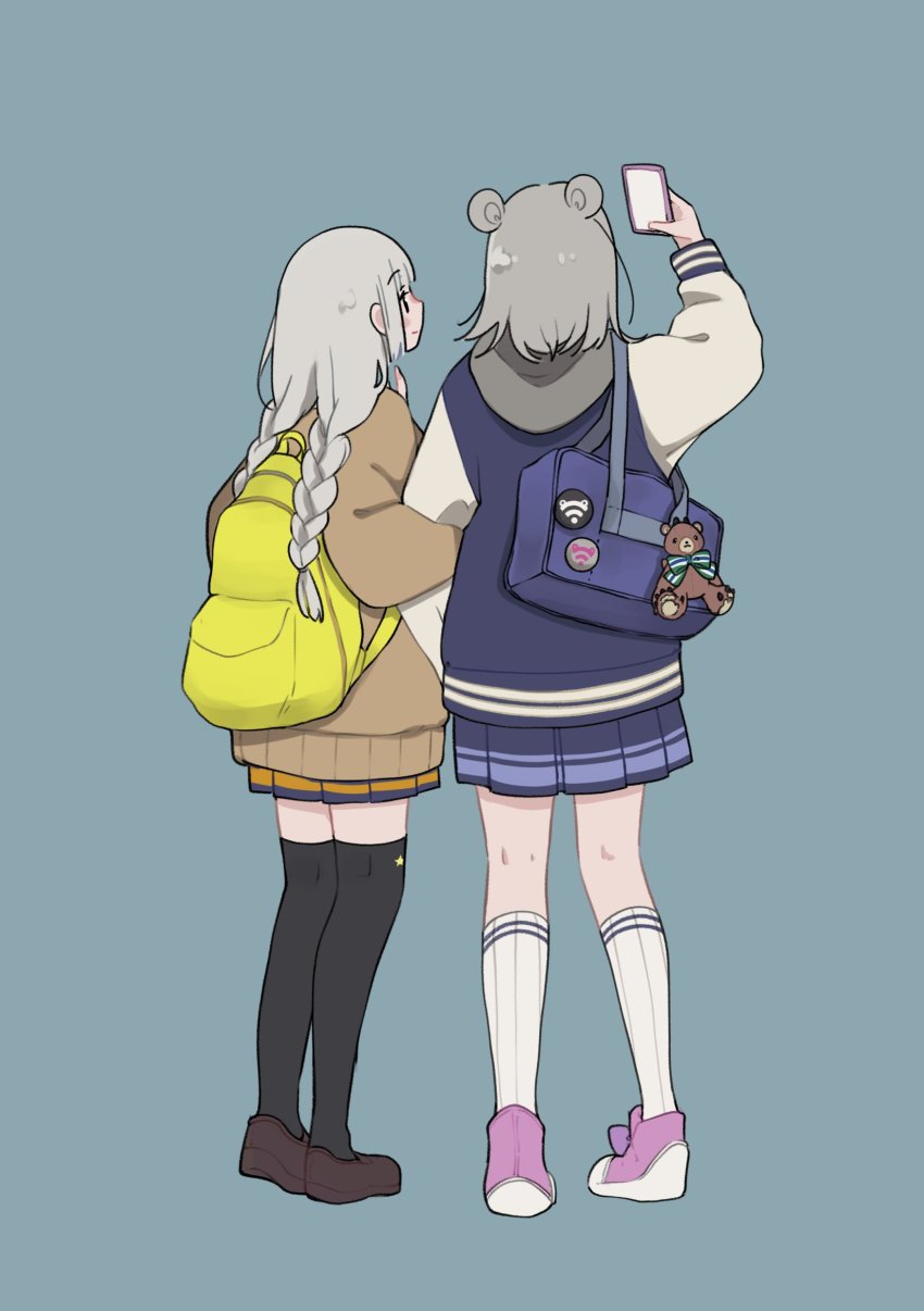 2girls, alpaca_opo, aqua_background, badge, bag, black_socks, blazer, blue_jacket