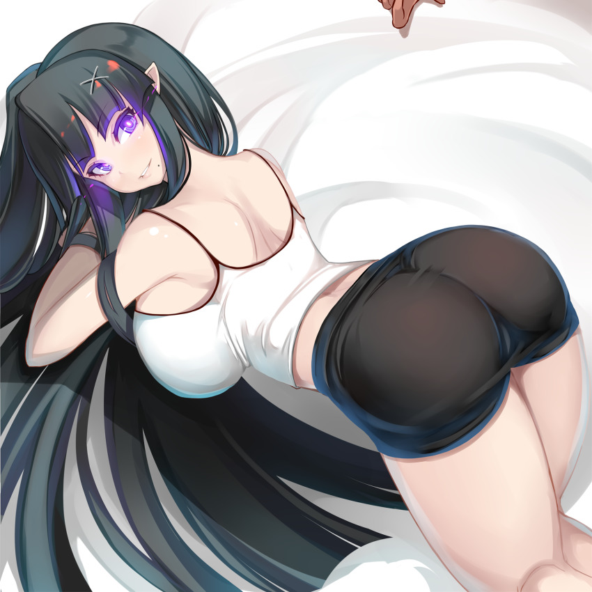 1girl, ass, bed_sheet, black_hair, blush, breasts, camisole, glowing, glowing_eyes, hair_ornament, highres, large_breasts, long_hair, looking_at_viewer, looking_back, mole, mole_under_mouth, myusca_(succubus_prison), parted_lips, pointy_ears, purple_eyes, shiki_(psychedelic_g2), short_shorts, shorts, smile, solo, spaghetti_strap, succubus_prison, thighs, white_camisole, x_hair_ornament
