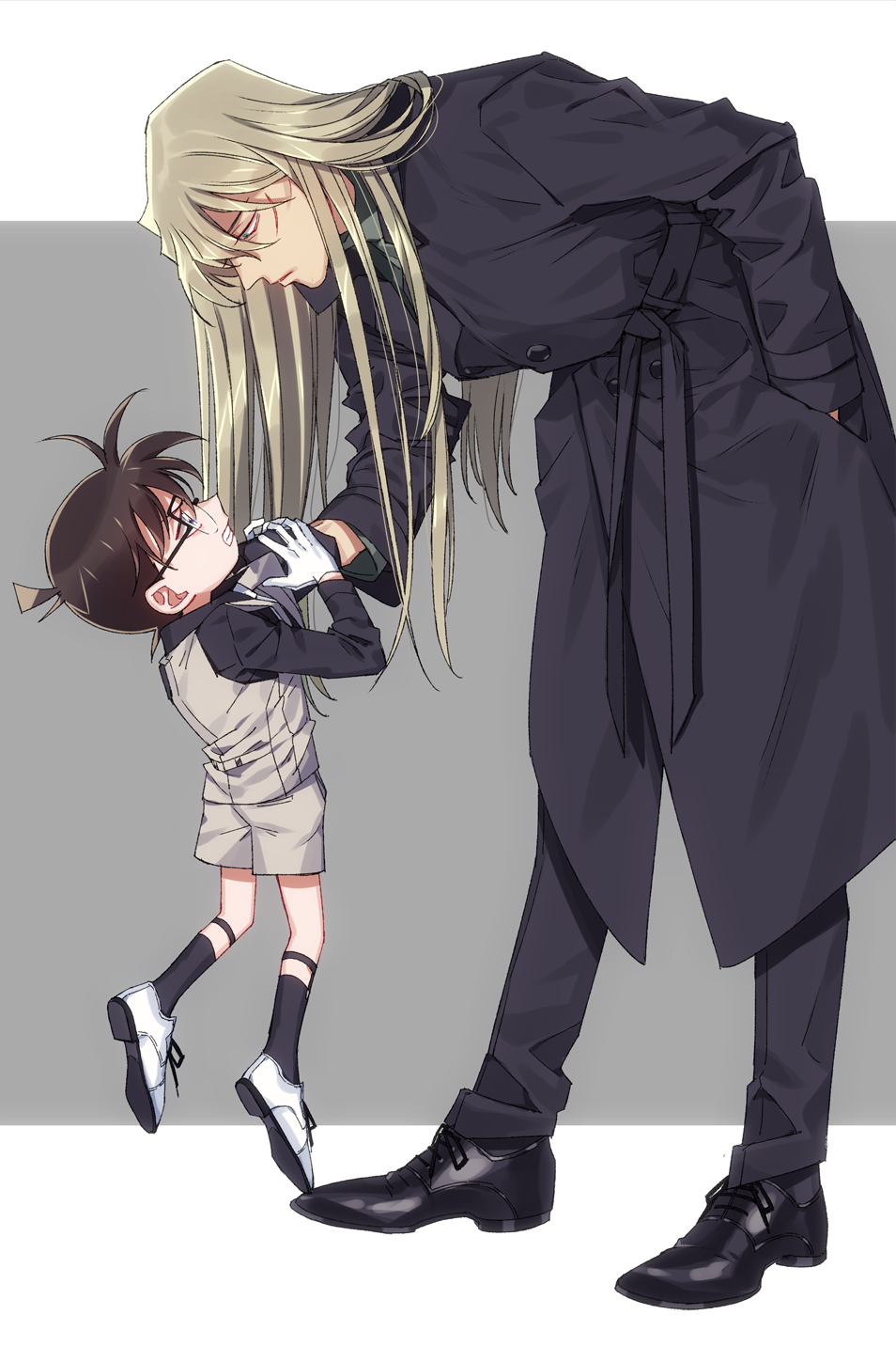 2boys, bent_over, black-framed_eyewear, black_coat, black_footwear, black_legwear, black_pants, black_shirt