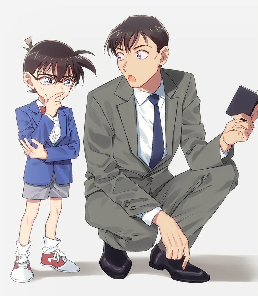 2boys, black-framed_eyewear, black_footwear, blazer, blue_eyes, blue_jacket, blue_necktie, bow