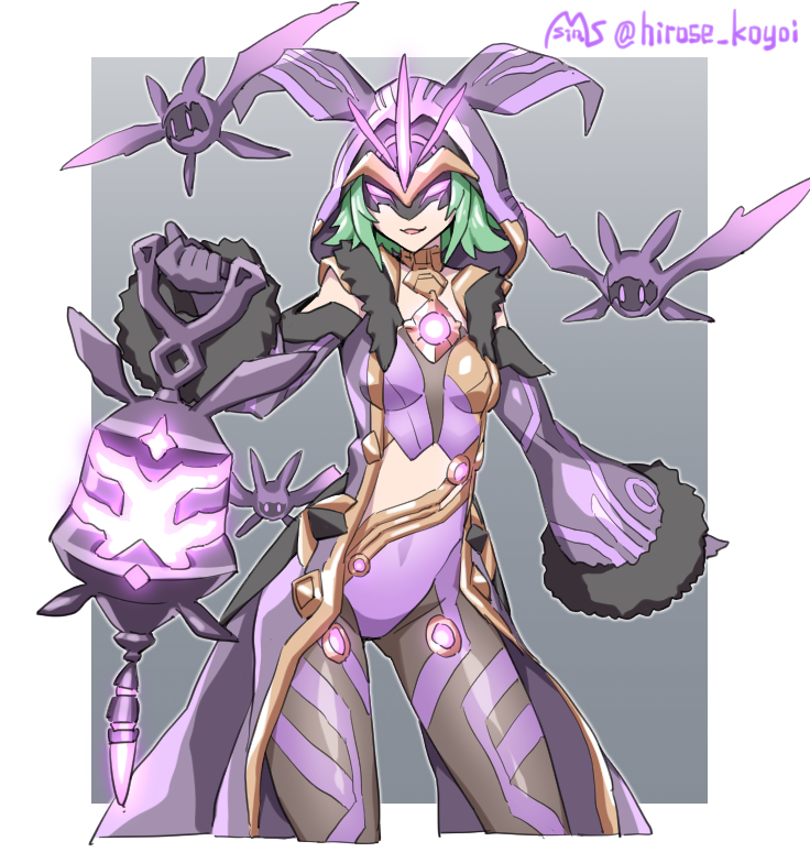 1girl, bare_shoulders, breasts, choker, cicin_mage_(genshin_impact), cloak, electro_cicin_mage_(genshin_impact), evil_grin, evil_smile, fur_cuffs, gem, genshin_impact, gloves, glowing, glowing_eyes, green_hair, grin, holding, holding_lantern, hood, hooded_cloak, lantern, leotard, long_sleeves, mask, open_mouth, purple_cloak, purple_leotard, short_hair, simple_background, sin6, smile