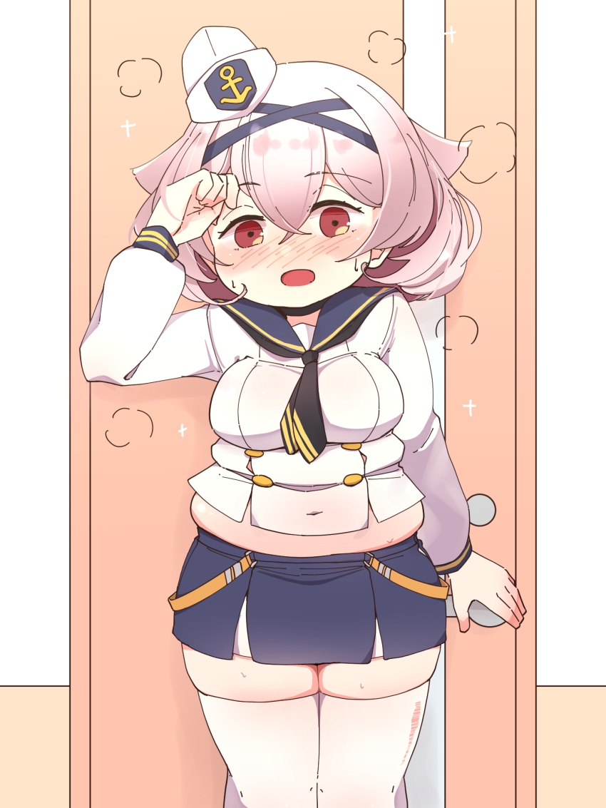 1girl, aylwin_(azur_lane), azur_lane, blue_skirt, blush, breasts, bursting_belly, choker