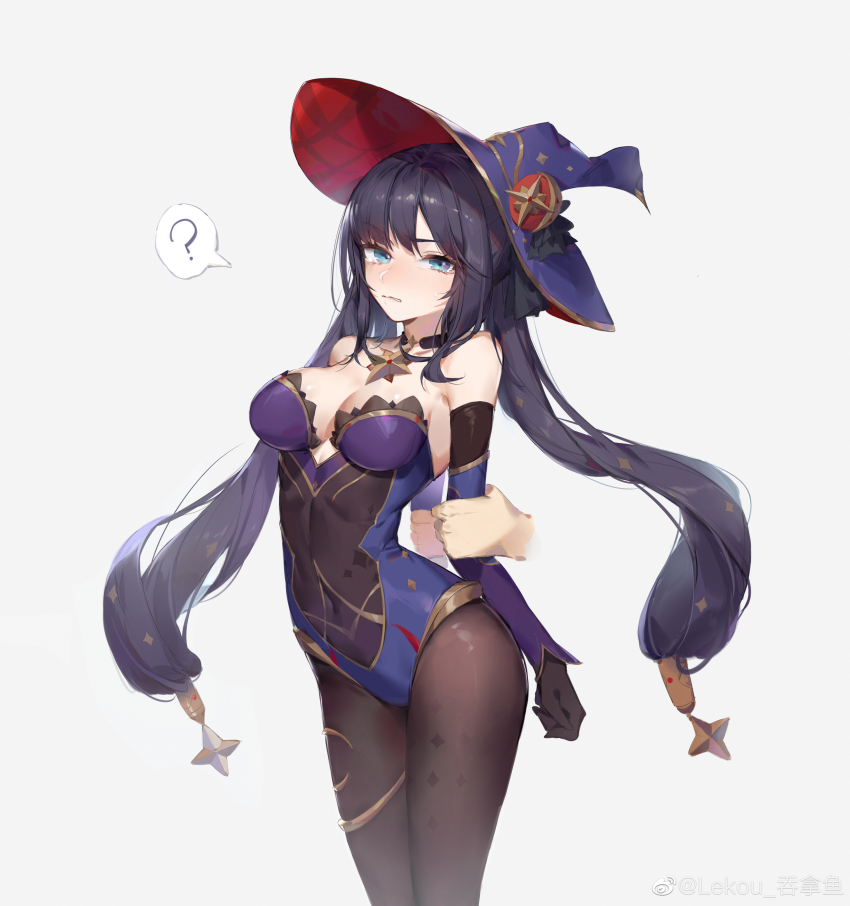 1girl, ?, absurdres, aqua_eyes, arm_grab, bare_shoulders, black_bodysuit, black_gloves, black_hair, bodystocking, bodysuit, breasts, choker, cleavage, covered_navel, cowboy_shot, detached_sleeves, disembodied_hand, elbow_gloves, genshin_impact, gloves, grey_background, hat, highres, jewelry, large_breasts, lekou, leotard, long_hair, mona_(genshin_impact), sidelocks, simple_background, solo_focus, spoken_question_mark, standing, thighlet, twintails, very_long_hair, watermark, weibo_watermark, witch_hat