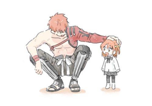 1boy, 1girl, :d, ahoge, alternate_costume, cczyjs, emiya_shirou, fate/grand_order