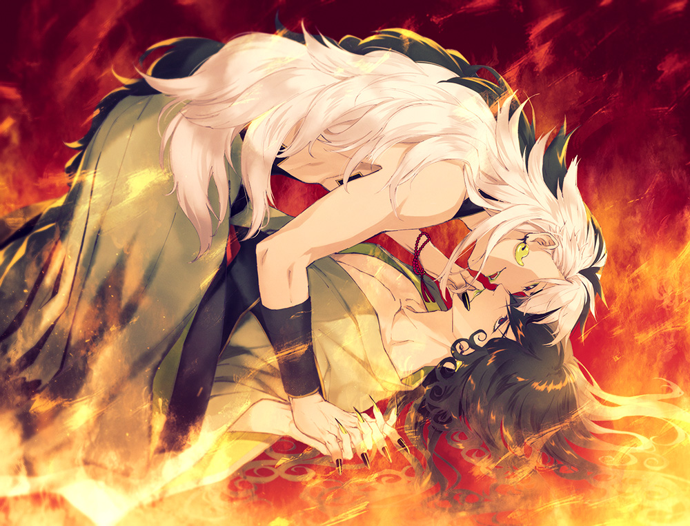 2boys, alternate_hairstyle, ashiya_douman_(fate), ashiya_douman_(second_ascension)_(fate), asymmetrical_hair, bell, black_eyes, black_hair