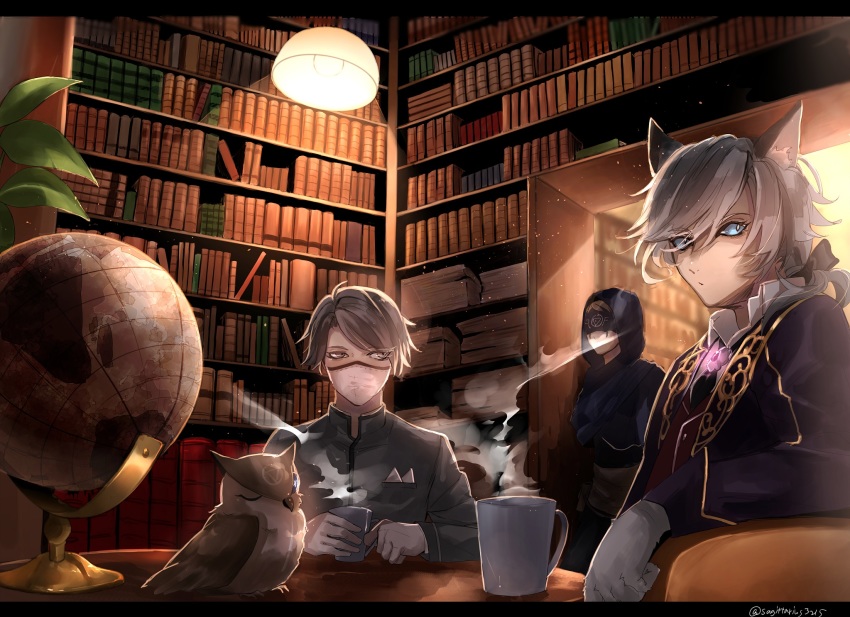 3boys, aesop_carl, animal, animal_ears, artist_name, bird, black_bow, blindfold, blue_capelet, blue_eyes, book, bookshelf, bow, breast_pocket, brown_hair, capelet, chair, coffee_mug, cup, eli_clark, globe, gloves, glowing, grey_eyes, grey_hair, hair_bow, highres, holding, hood, hood_up, hooded_capelet, identity_v, indoors, joseph_desaulniers, joseph_desaulniers_(moonlight_gentleman), kukatsuma, lamp, light, long_sleeves, low_ponytail, male_focus, mask, medium_hair, moonlight_gentleman_(identity_v), mouth_mask, mug, multiple_boys, necktie, official_alternate_costume, one_eye_closed, owl, plant, pocket, ponytail, shirt, sideways_glance, sitting, surgical_mask, twitter_username, white_gloves, white_shirt