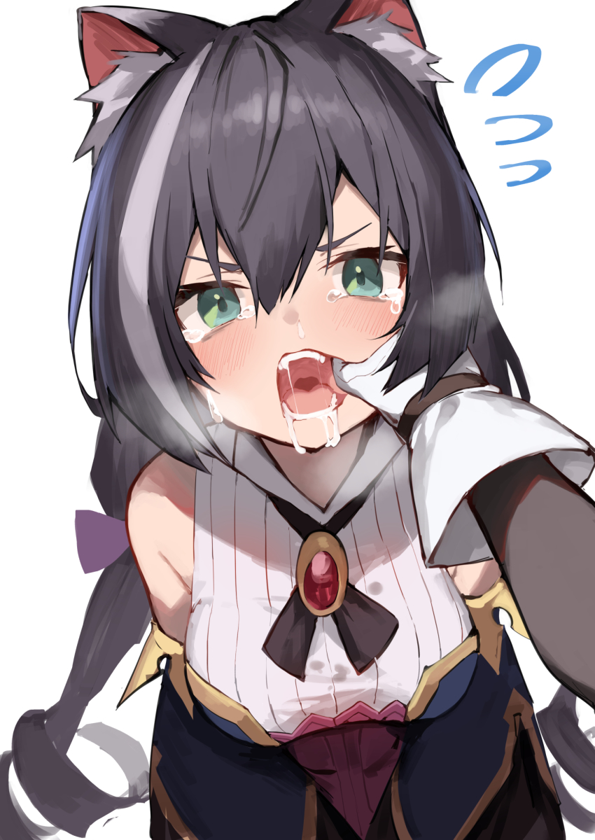 amagasa_yun, animal_ear_fluff, animal_ears, black_hair, eyebrows_hidden_by_hair, finger_in_another's_mouth, gem, green_eyes