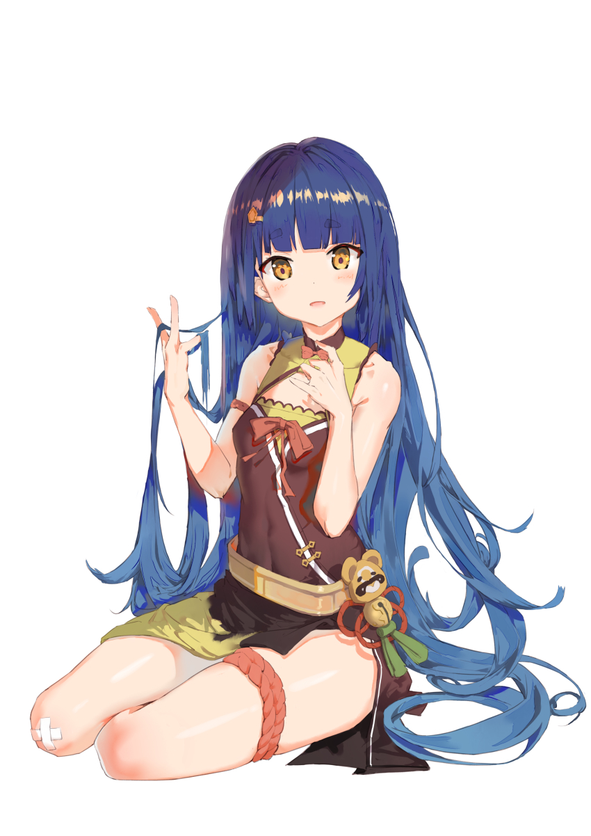 1girl, absurdres, alternate_hairstyle, bandaid, bandaid_on_knee, bandaid_on_leg, bare_shoulders, blue_hair, blunt_bangs, blush, breasts, china_dress, chinese_clothes, dress, full_body, genshin_impact, guoba_(genshin_impact), hair_down, hair_ornament, hair_spread_out, hairclip, hands_in_own_hair, highres, hime_cut, long_hair, looking_at_viewer, open_mouth, panda, seiza, short_eyebrows, simple_background, sitting, small_breasts, smile, solo, thigh_strap, user_trzp2584, very_long_hair, white_background, xiangling_(genshin_impact), yellow_eyes