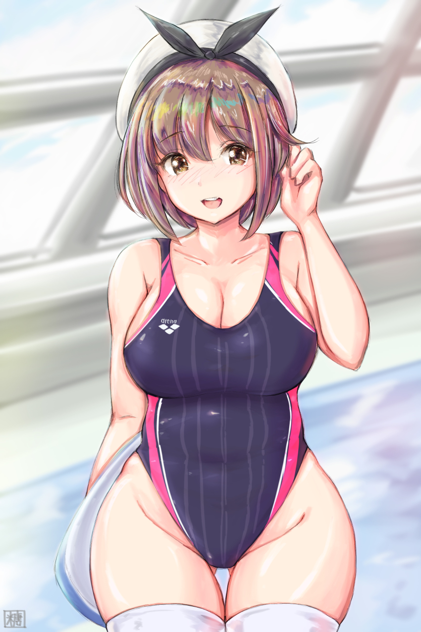 1girl, absurdres, alternate_costume, atelier_(series), atelier_ryza, atelier_ryza_1, bad_id, bad_pixiv_id, beret, blue_one-piece_swimsuit, breasts, brown_eyes, brown_hair, cleavage, collarbone, commentary_request, competition_swimsuit, hat, highleg, highleg_one-piece_swimsuit, highres, large_breasts, looking_at_viewer, one-piece_swimsuit, open_mouth, photoshop_(medium), pool, rei_no_pool, reisalin_stout, revision, short_hair, solo, standing, swimsuit, teeth, thighhighs, thighs, tong_shui, upper_teeth_only, water, white_hat, white_thighhighs