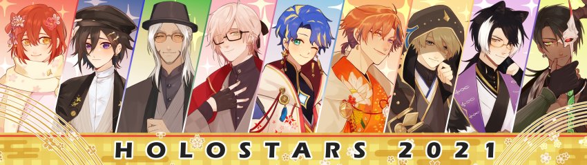 2021, 6+boys, absurdres, aragami_oga, arurandeisu, astel_leda, beard, black_hair