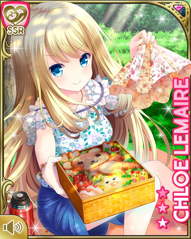 1girl, bag, bento_box, blonde_hair, blue_eyes, blue_shorts, breasts, card_(medium)