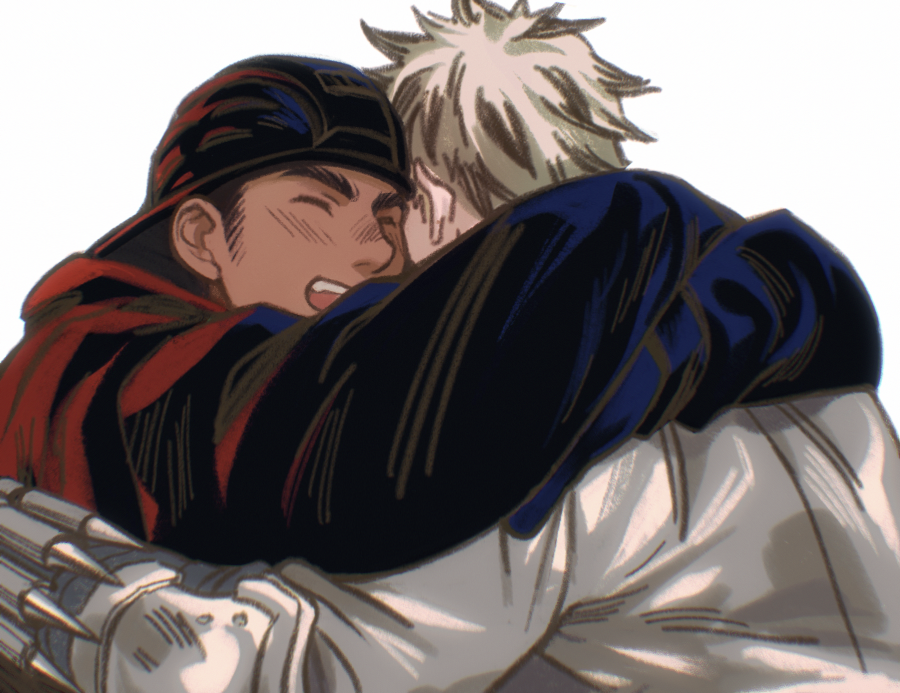 2boys, aikawa_(dorohedoro), arms_around_neck, bad_id, bad_pixiv_id, bara, black_hair, black_jacket