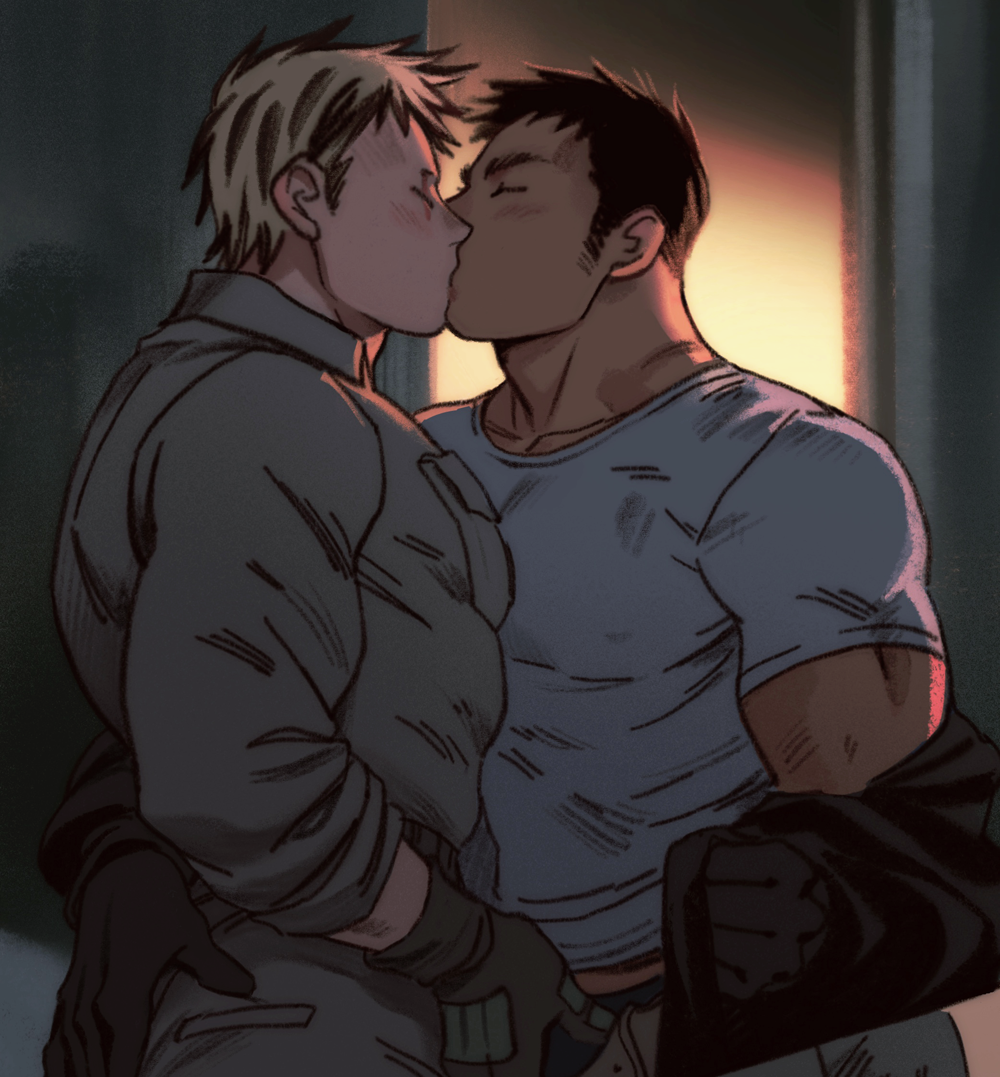 2boys, abs, aikawa_(dorohedoro), ass_grab, bad_id, bad_pixiv_id, bara, black_hair