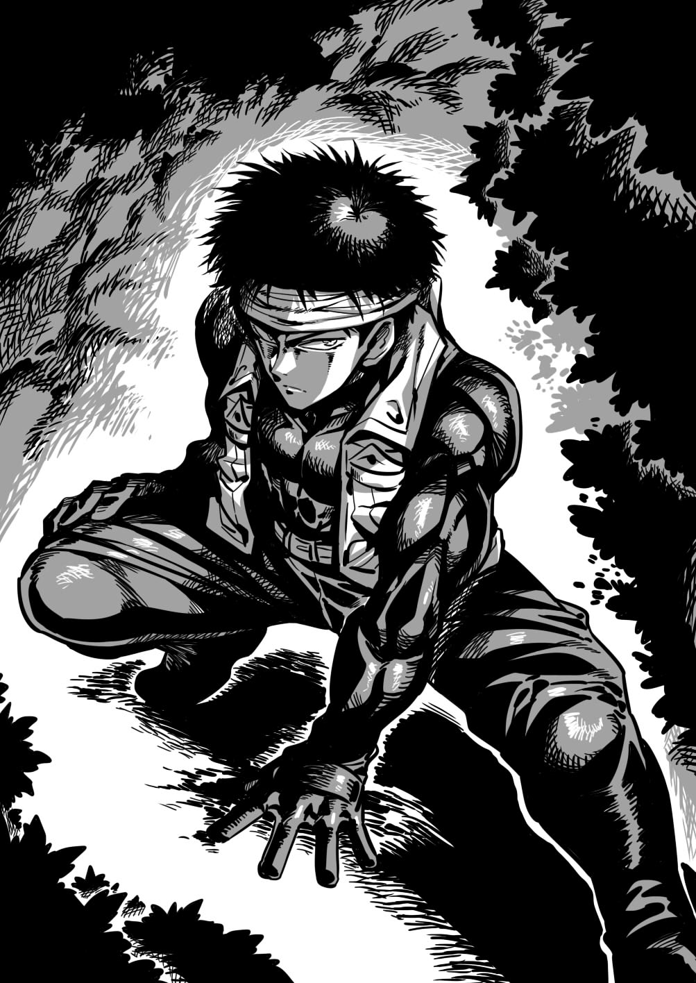 1boy, closed_mouth, gloves, greyscale, headband, highres, looking_at_viewer, male_focus