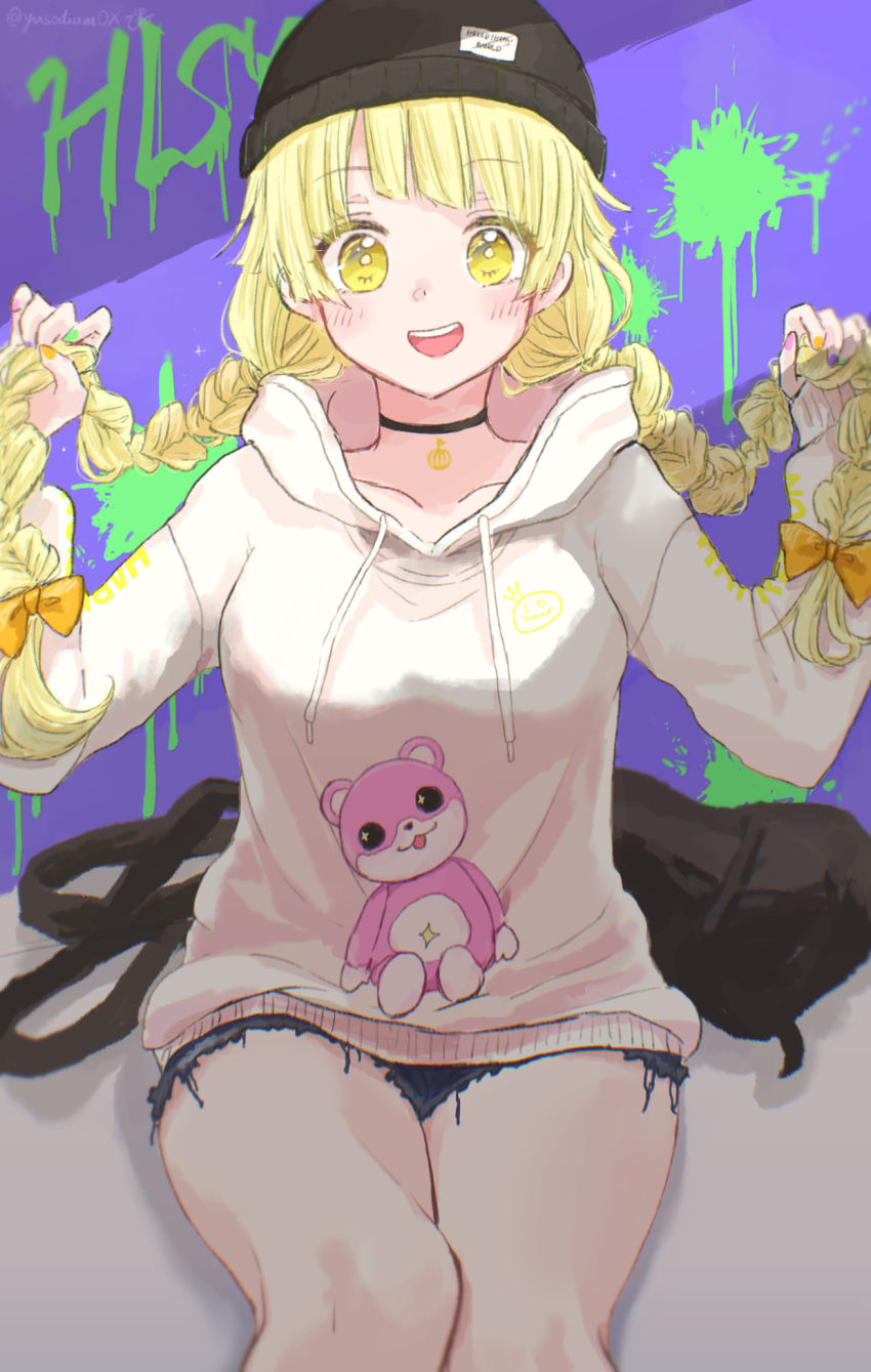 1girl, :d, alternate_hairstyle, backpack, bag, bang_dream!, bang_dream!_girls_band_party!, beanie, black_hat, blonde_hair, blush, bow, braid, breasts, choker, commentary_request, cutoffs, denim, denim_shorts, diagonal_bangs, feet_out_of_frame, hair_bow, hat, highres, hood, hood_down, hoodie, long_hair, long_sleeves, looking_at_viewer, medium_breasts, multicolored_nails, nail_polish, open_mouth, orange_bow, paint_splatter, pine_(pineapple5459), shorts, sitting, sleeves_past_wrists, smile, solo, stuffed_animal, stuffed_toy, teddy_bear, thighs, tsurumaki_kokoro, twintails, twitter_username, unworn_backpack, unworn_bag, white_hoodie, yellow_eyes