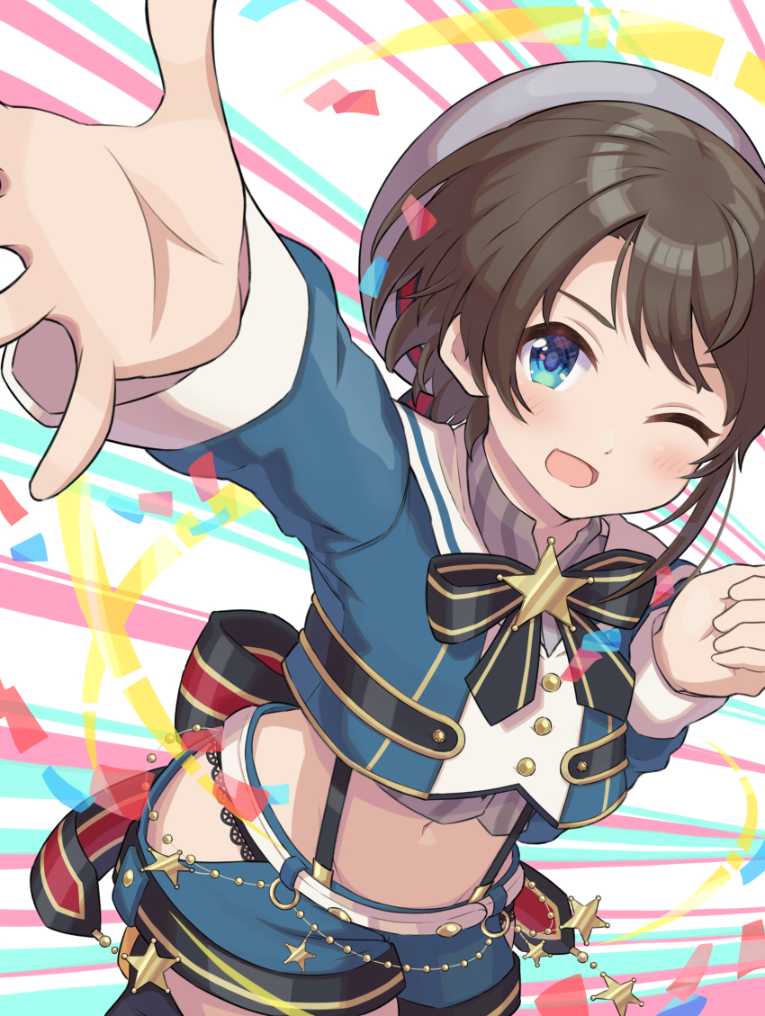 1girl, absurdres, beret, black_bow, black_bowtie, black_hair, black_panties, blue_eyes