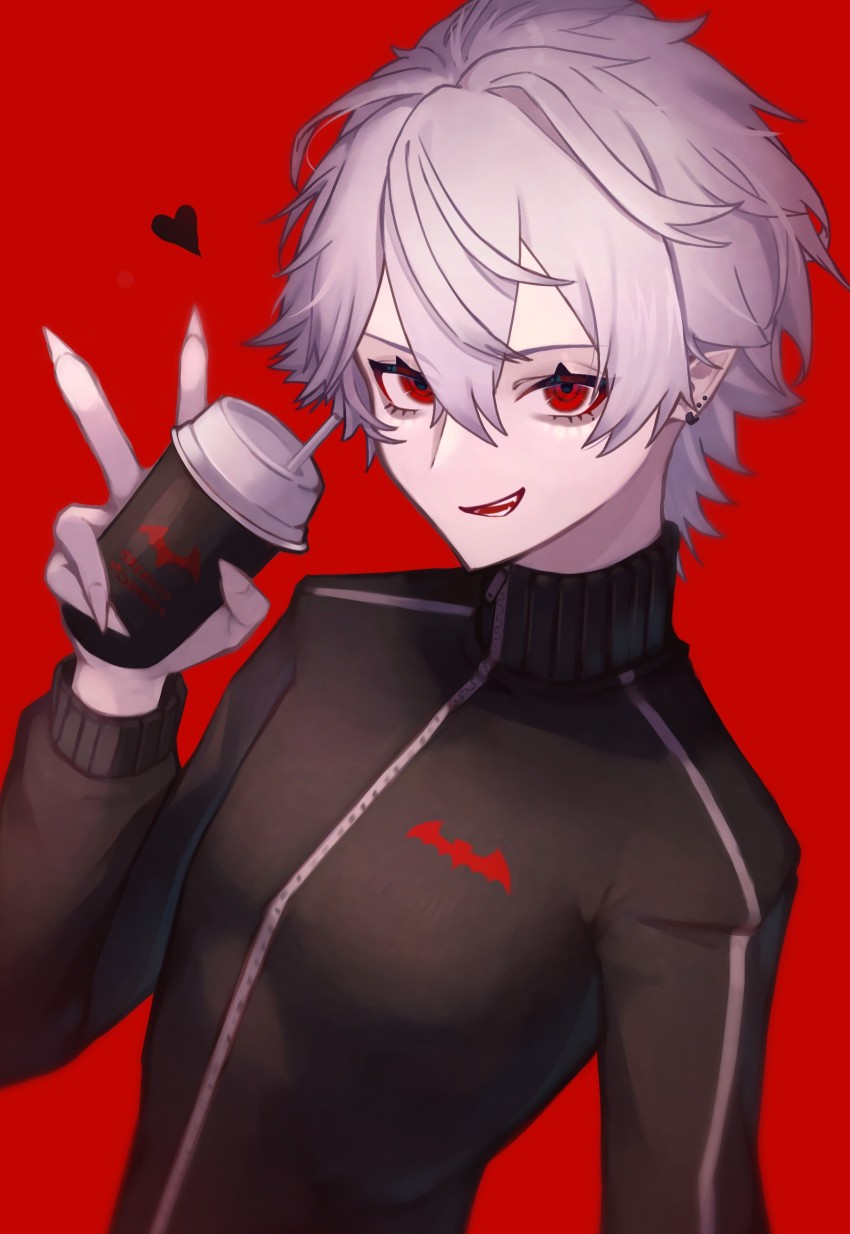 1boy, absurdres, cup, drinking_straw, ear_piercing, fingernails, grey_hair, hair_between_eyes