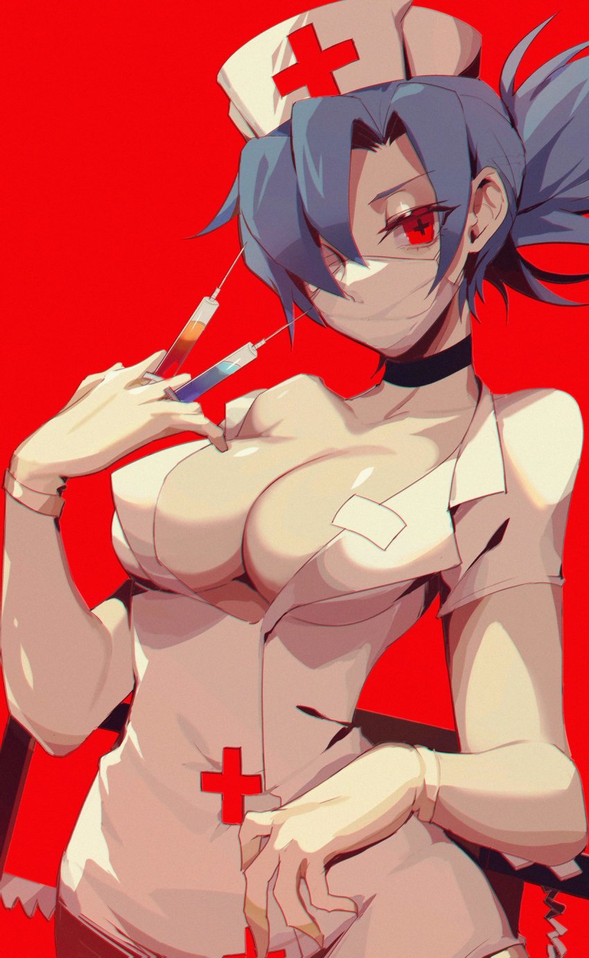 1girl, akiya_0627, blue_hair, breasts, cleavage, gloves, hair_over_one_eye, hat, highres, large_breasts, mask, mouth_mask, nurse_cap, ponytail, red_background, red_eyes, skullgirls, solo, surgical_mask, symbol-shaped_pupils, syringe, valentine_(skullgirls)
