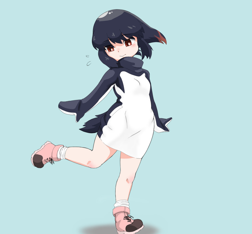 1girl, adelie_penguin_(kemono_friends), black_hair, blue_background, breasts, brown_eyes, dress, kemono_friends