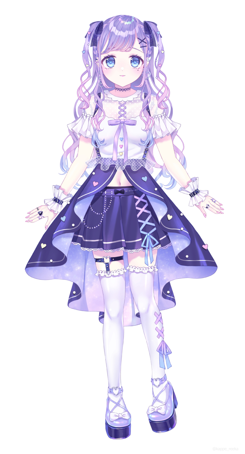 1girl, absurdres, black_skirt, blue_eyes, blue_hair, breasts, gradient_hair, highres, indie_virtual_youtuber, kappe_reeka, light_smile, looking_at_viewer, multicolored_hair, official_art, platform_footwear, platform_heels, purple_hair, skirt, small_breasts, smile, solo, straight-on, thigh_strap, thighhighs, two_side_up, virtual_youtuber, wavy_hair, white_background, wrist_cuffs, yumeri_mery