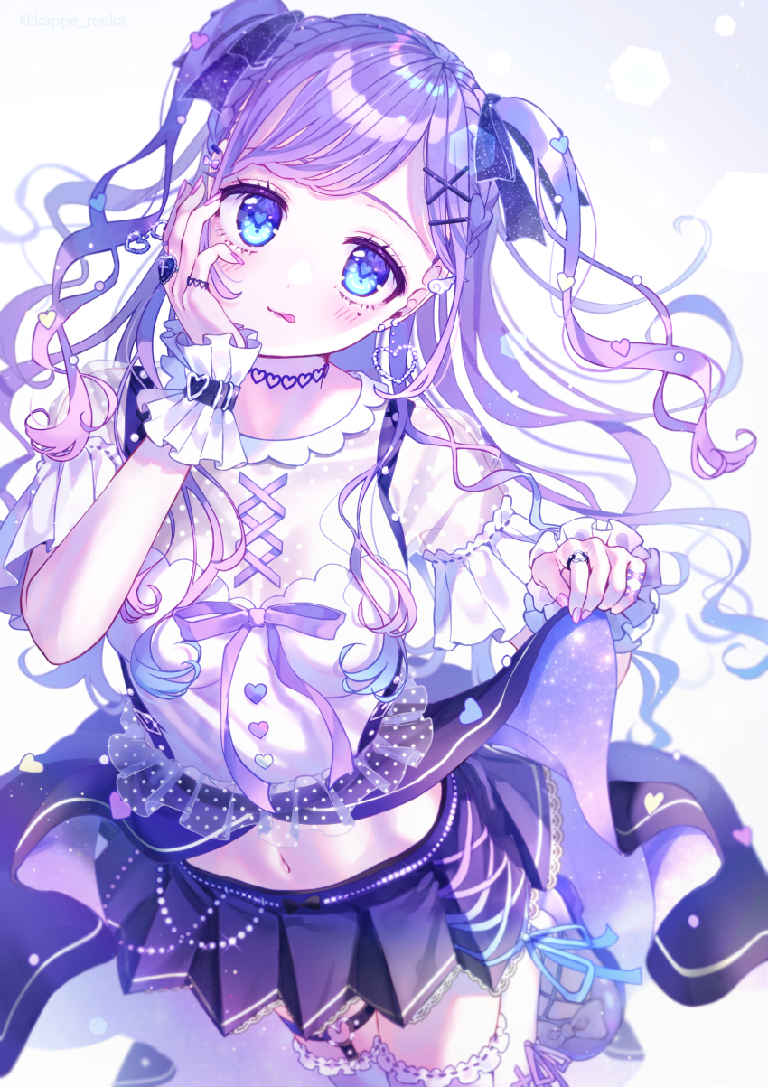 1girl, absurdres, black_skirt, blue_eyes, blue_hair, blush, breasts, choker, clothes_pull, gradient_hair, heart, heart_choker, highres, indie_virtual_youtuber, kappe_reeka, looking_at_viewer, looking_up, mole, mole_under_eye, multicolored_hair, navel, official_art, purple_hair, skirt, skirt_pull, small_breasts, solo, thigh_strap, thighhighs, tongue, tongue_out, two_side_up, virtual_youtuber, yumeri_mery