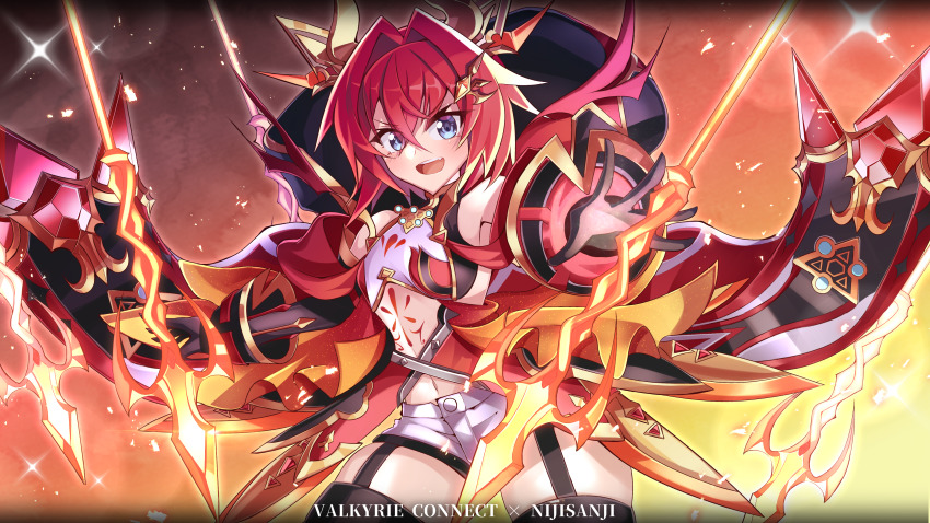 1girl, absurdres, alternate_costume, ange_katrina, ange_katrina_(valkyrie_hero), breasts, cape, copyright_name, elbow_gloves, fantasy, gloves, hair_between_eyes, highres, nijisanji, open_hands, open_mouth, papa-kun_(destiny549-2), red_eyes, short_hair, skindentation, small_breasts, solo, thighhighs, v-shaped_eyebrows, valkyrie_connect, virtual_youtuber