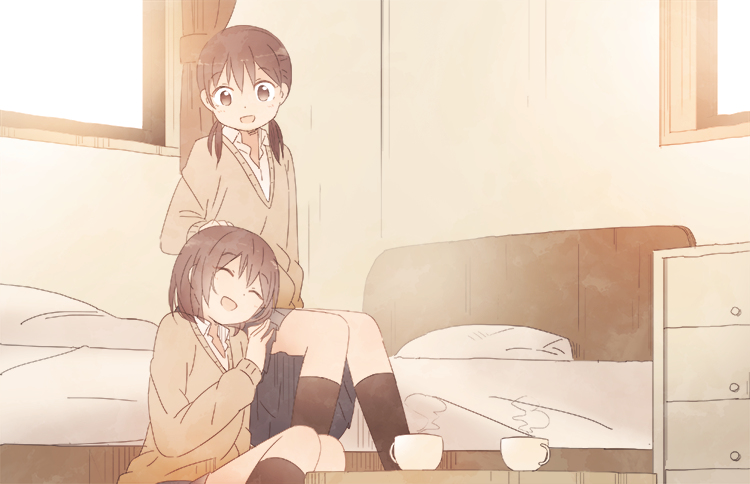 2girls, bed, head_pat, miya_(miyabi_24), multiple_girls, tagme, yuri