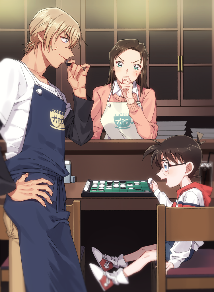 1girl, 2boys, :d, amuro_tooru, apron, black-framed_eyewear, blonde_hair, blue_apron