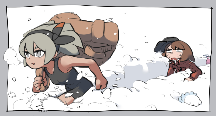 2girls, backpack, bag, bea_(pokemon), black_bodysuit, black_headwear, bodysuit, bow_hairband, brown_bag, brown_hair, clenched_hand, commentary_request, dark-skinned_female, dark_skin, day, exhausted, expedition_uniform, eyelashes, gen_8_pokemon, gloria_(pokemon), grey_eyes, grey_hair, hair_between_eyes, hairband, helmet, holding_strap, jacket, multiple_girls, nintendo, outdoors, outside_border, pokemon, pokemon_(creature), pokemon_sword_and_shield, short_hair, snom, snow, sweat, tirarizun