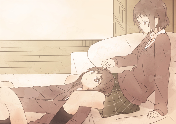 2girls, brown_hair, miya_(miyabi_24), multiple_girls, skirt, tagme, yuri