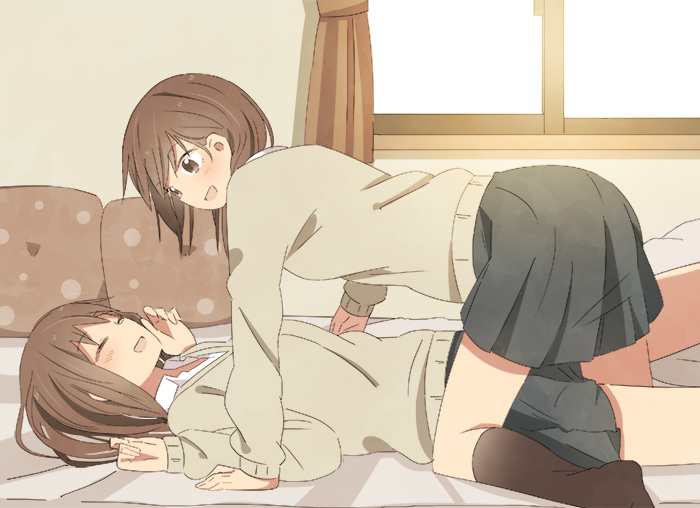 2girls, brown_hair, miya_(miyabi_24), multiple_girls, skirt, tagme, yuri