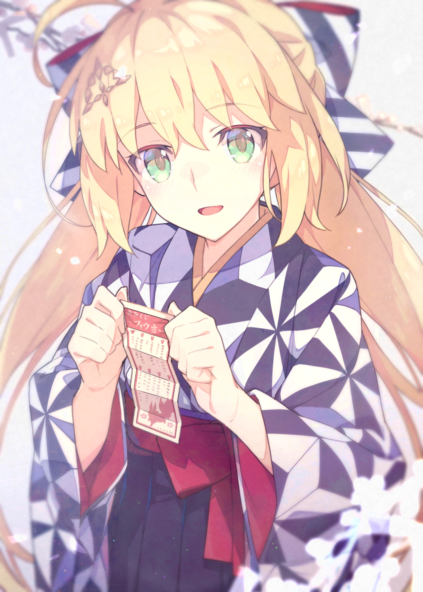 1girl, ahoge, artoria_caster_(fate), artoria_caster_(springtime_koto_strings)_(fate), artoria_pendragon_(fate), blonde_hair, blue_kimono, blush, breasts, fate/grand_order, fate_(series), green_eyes, hair_ornament, hakama, hakama_skirt, highres, japanese_clothes, kimono, long_hair, long_sleeves, looking_at_viewer, open_mouth, saipaco, sash, skirt, small_breasts, smile, solo, twintails, wide_sleeves
