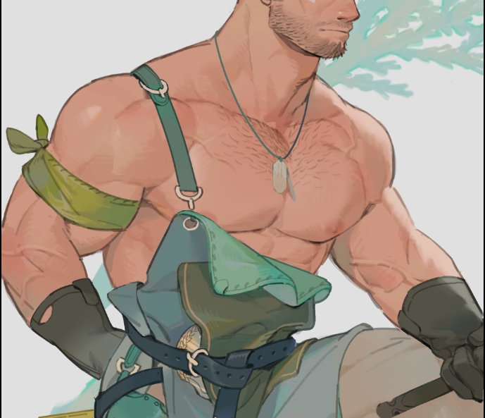 1boy, apron, atcesolcyc, bandana, bara, bare_pectorals, bare_shoulders, beard