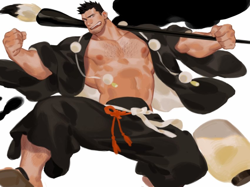 1boy, abs, atcesolcyc, bara, bare_pectorals, black_kimono, bleach, body_hair