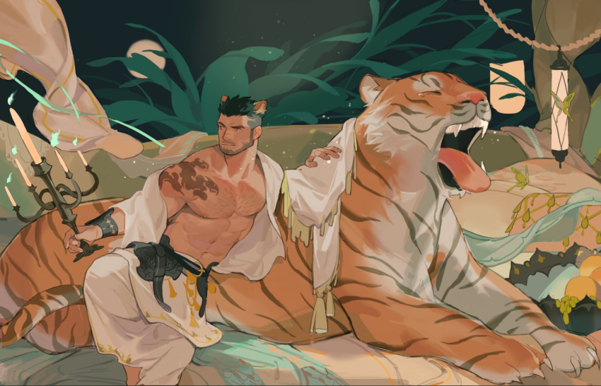 1boy, abs, alca_(wakatanka4), animal, animal_ears, atcesolcyc, bara, bare_pectorals