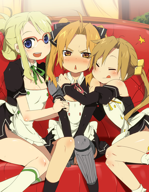 1girl, 2boys, :<, :q, alphonse_elric, apron, arm_hug, bare_shoulders, between_thighs, blonde_hair, blue_eyes, blush, brown_eyes, brown_hair, closed_eyes, cosplay, couch, covering_crotch, covering_privates, crossdressing, cube_hair_ornament, detached_sleeves, dream_c_club, dream_c_club_(series), edward_elric, elbow_gloves, flat_chest, fullmetal_alchemist, glasses, gloves, hair_ornament, hair_ribbon, hair_up, hug, kl_(dgzonbi), kneehighs, long_hair, maid, maid_apron, mian_(dream_c_club), mian_(dream_c_club)_(cosplay), mio_(dream_c_club), mio_(dream_c_club)_(cosplay), multiple_boys, no_panties, open_mouth, orange_hair, ponytail, red_upholstery, ribbon, setsu_(dream_c_club), setsu_(dream_c_club)_(cosplay), short_hair, side_slit, sidelocks, sitting, smile, socks, star_(symbol), thighhighs, thighs, tongue, tongue_out, trap, twintails, v_arms, winry_rockbell