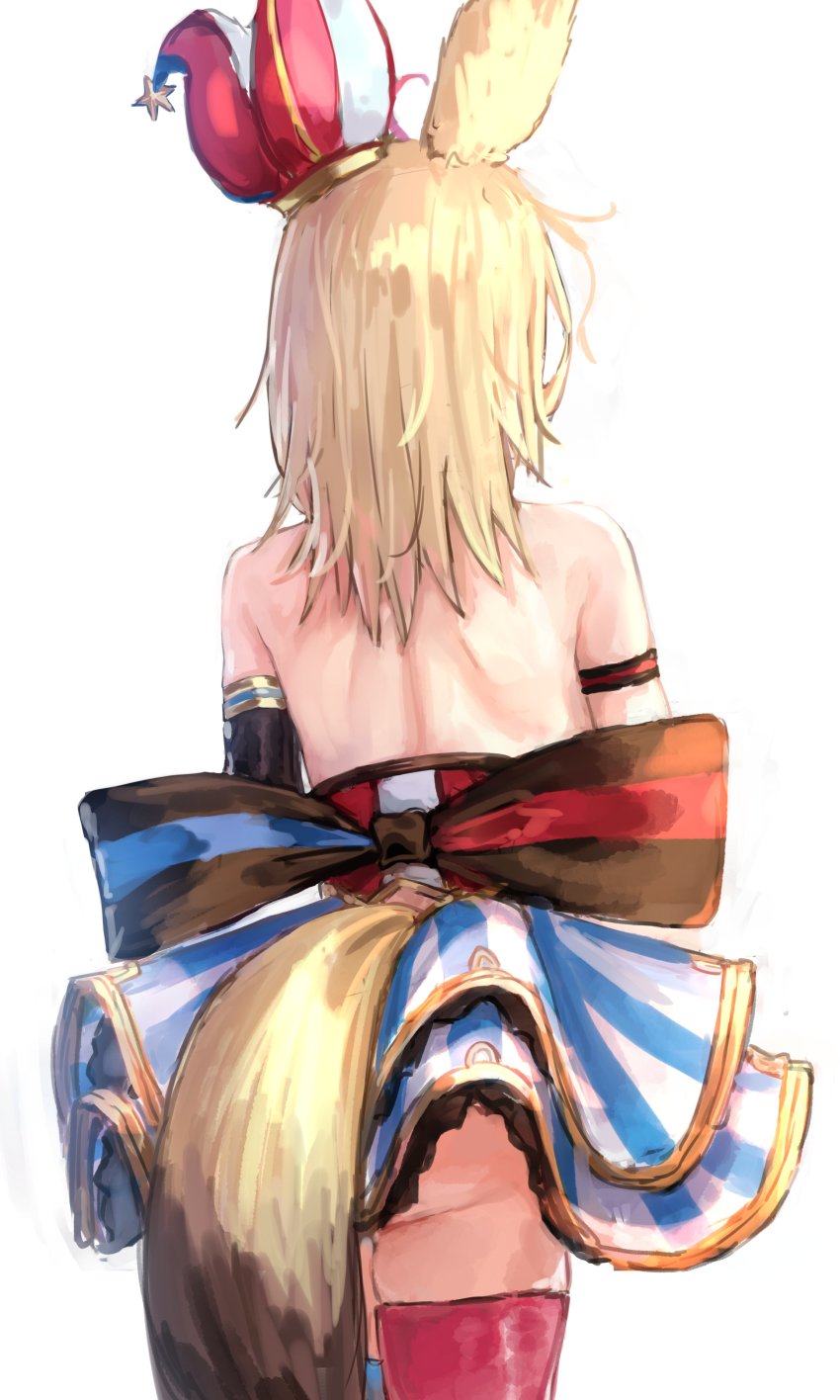 1girl, absurdres, animal_ears, arm_strap, ass, back, blonde_hair, bow