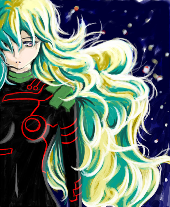 00s, 1girl, antispiral_nia, blonde_hair, blue_hair, bodysuit, breasts, chiaki_lsd